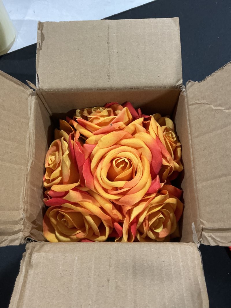 Condition photo showing Good Condition for Fule Artificial Silk Rose Flower Centerpiece Arrangement in Glass Vase with LED Light for Home Wedding Decoration (Orange) Z-orange