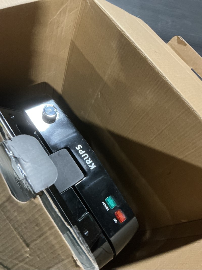 Condition photo showing As Is for KRUPS 4-Slice Belgian Waffle Maker: Stainless Steel, 5 Browning Levels, Audible Ready Beep, Removable Plates, 1200W, Silver/Black, Large Waffle Maker Family Size, Great for Family Breakfasts