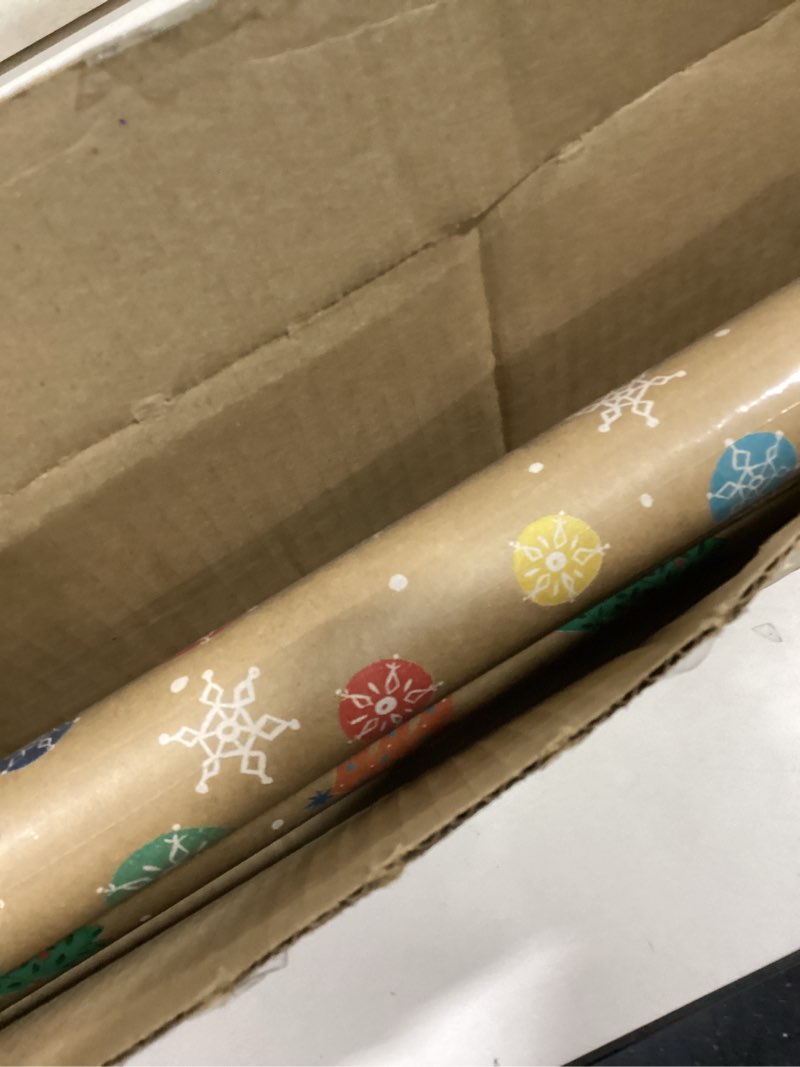 Condition photo showing As Is for Hallmark Christmas Wrapping Paper Rolls, Brown Kraft Holiday Gift Wrap (Pack of 3: 90 sq. ft. ttl) Snowflakes, Pink Trees, "All Kinds of Merry"