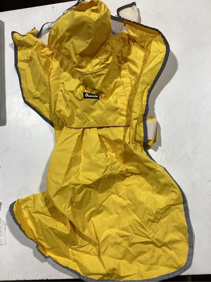 Condition photo showing Good Condition for slowton dog raincoat, adjustable dog rain jacket clear hooded double layer, waterproof poncho with reflective strip straps and storage pocket for small medium large dog (yellow xl) yellow x-large