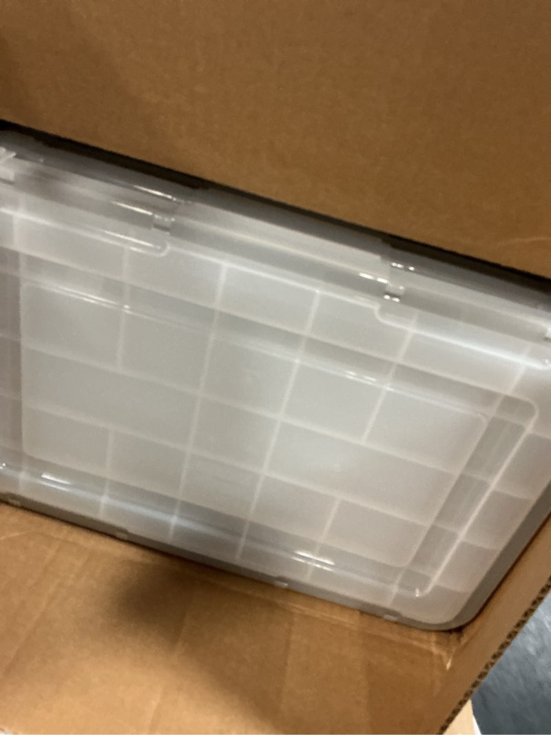 Condition photo showing Good Condition for iris usa weatherpro 19 qt storage bins with lids, 6 pack, bpa-free plastic gasket box with tight latch and seal, stackable nestable tote tub - clear/black 19 qt. - 6 pack