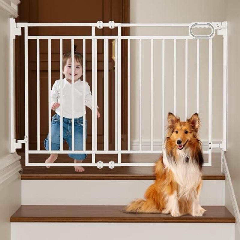 grownsy baby gate for stairs- no bottom bar,  for child and pet, dog gate with auto-close & one-hand operation, hardware-mounted (drill needed) installation for doorways and indoor use