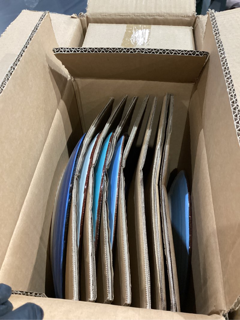 Condition photo showing Good Condition for vancasso Bonita Dinnerware Set Blue Stoneware 12 Pieces Service for 4, Handpainted Spirals Pattern Stoneware Plates and Bowls Set