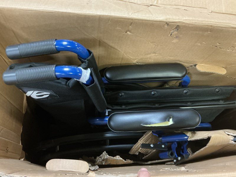 Condition photo showing As Is for Drive Medical Blue Streak Lightweight Wheelchair - Portable Folding Mobility Aid - Swing-Away Footrests - Desk Arms - Durable Steel Frame - Easy Transport & Storage - 18-Inch Seat 18 Inch