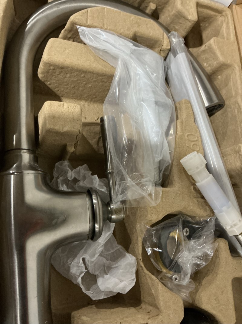 Condition photo showing As Is for kohler kanan vibrant stainless double handle pull-down kitchen faucet with sprayer (deck plate and soap dispenser included)