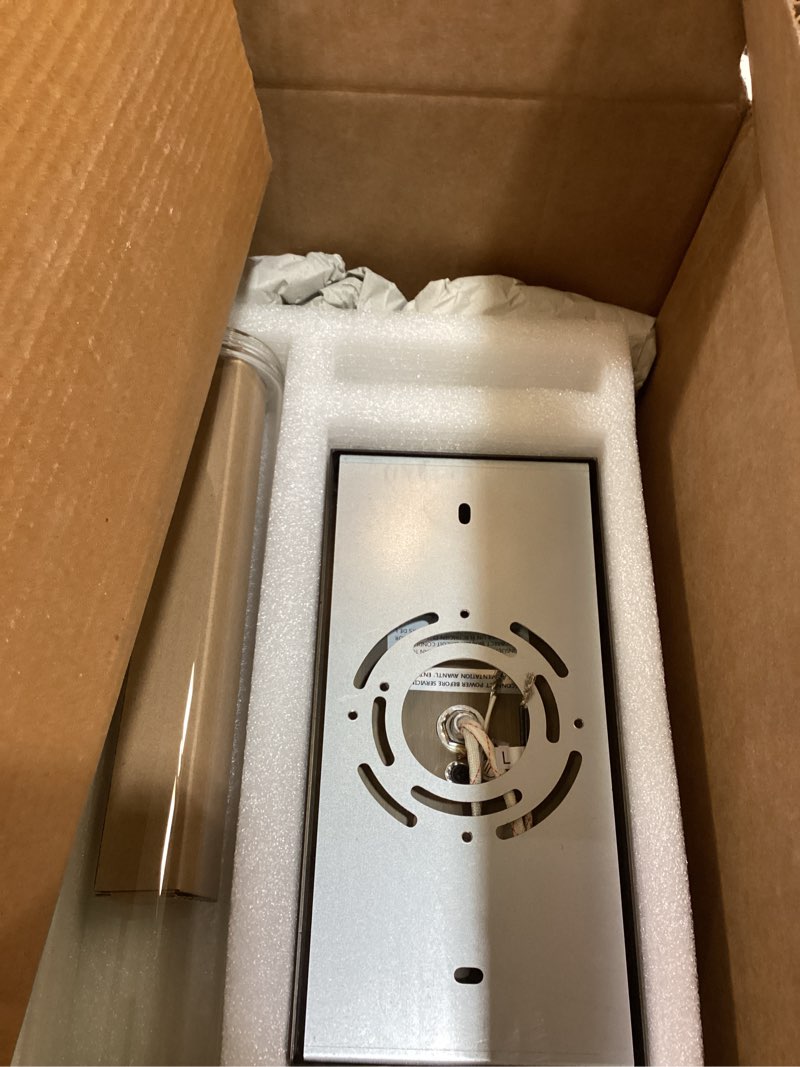 Condition photo showing As Is for Linear Brass Bathroom Wall Sconce - Luxury Antique Brushed Sconces - Modern Gold Lighting with Clear Glass Tube - Dimmable Vanity Lights Fixture for Bedroom Living Room Hallway Indoor Decor Antique Brass 1 Pack