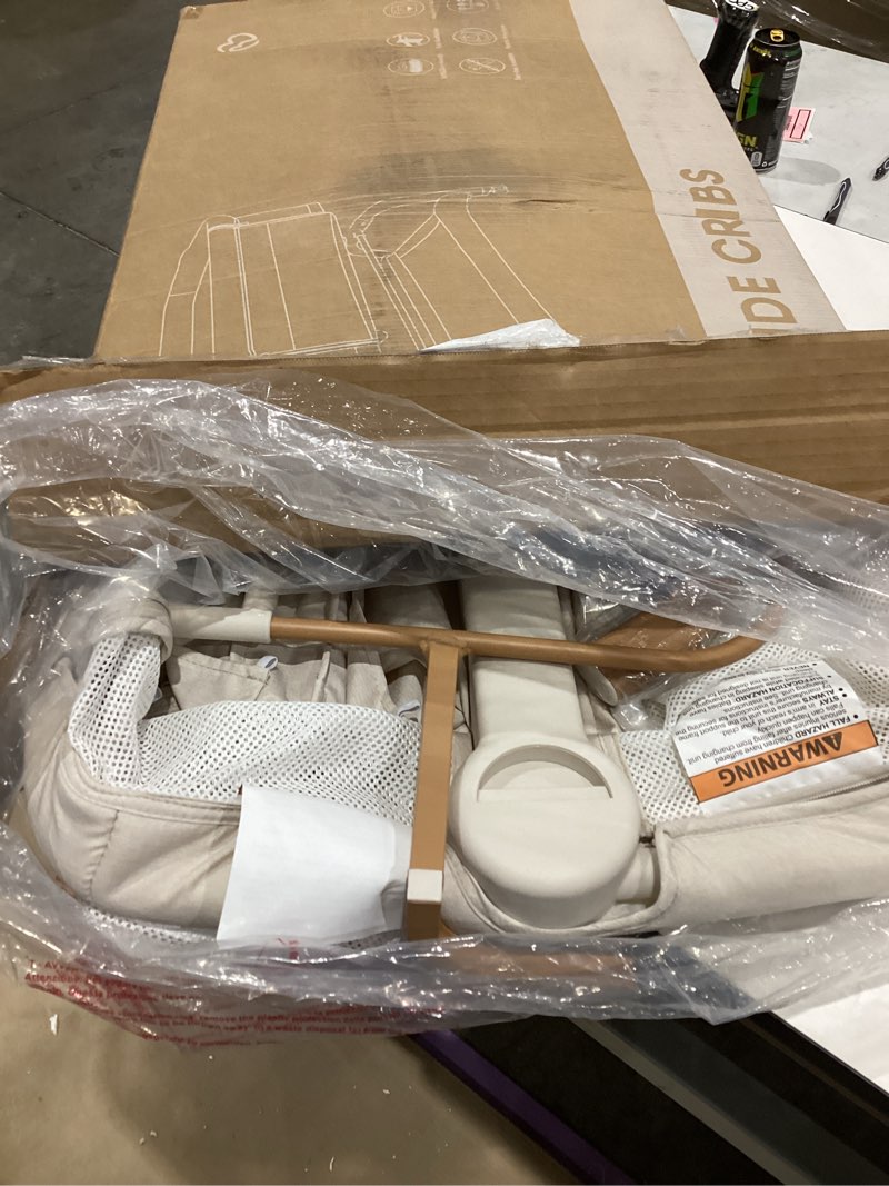 Condition photo showing New/Like New for baby bassinet bedside crib, 3-in-1 baby bassinet bedside sleeper with mattress and soft, breathable sheet, full-mesh sides, 6-height adjustable, stable and secure crib for newborns wood grain legs + beige bed