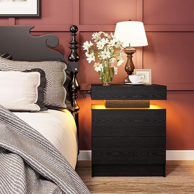 LIKIMIO Night Stand with Charging Station, Modern Black Nightstand with LED Light and Drawers, Bedside Tables/End Table for Bedroom