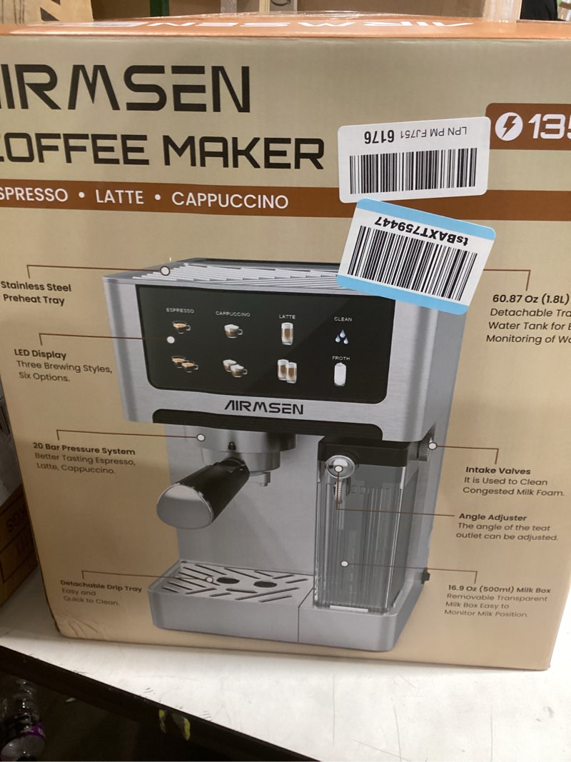 Condition photo showing New/Like New for AIRMSEN 20 Bar Espresso Machine with Automatic Milk Frother, Cappuccino & Latte Coffee Maker with Quick Brew Dual Boiler (1350W + 1000W), Stainless Steel, 60oz Water Tank, Touchscreen