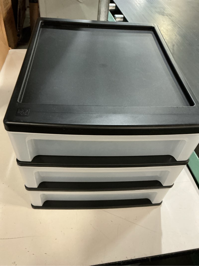 Condition photo showing Good Condition for iris usa plastic stacking desk top 3-drawer storage organizer, 1-pack, for makeup vanity nail polish bathroom stationery art craft supplies kitchen office garage and small organization, medium, black