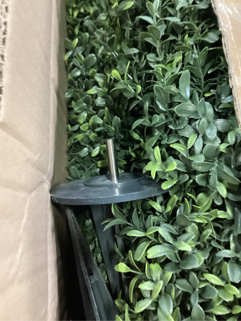 Condition photo showing New/Like New for 36" artificial boxwood topiary trees with ground spike set of 2, outdoor 3ft faux boxwood topiaries cone bushes trees fake shrubs plants front porch decor outside garden boxwood 36 inch