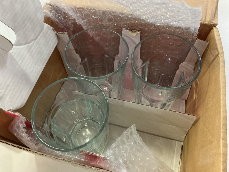 Condition photo showing As Is for bohem's drinking glasses, 12 ounce glass water cups, glasses drinking set of 3 pcs  , stackable glasses, highball glasses, heavy base tumblers, water glasses for soda, juice, milk, coke,