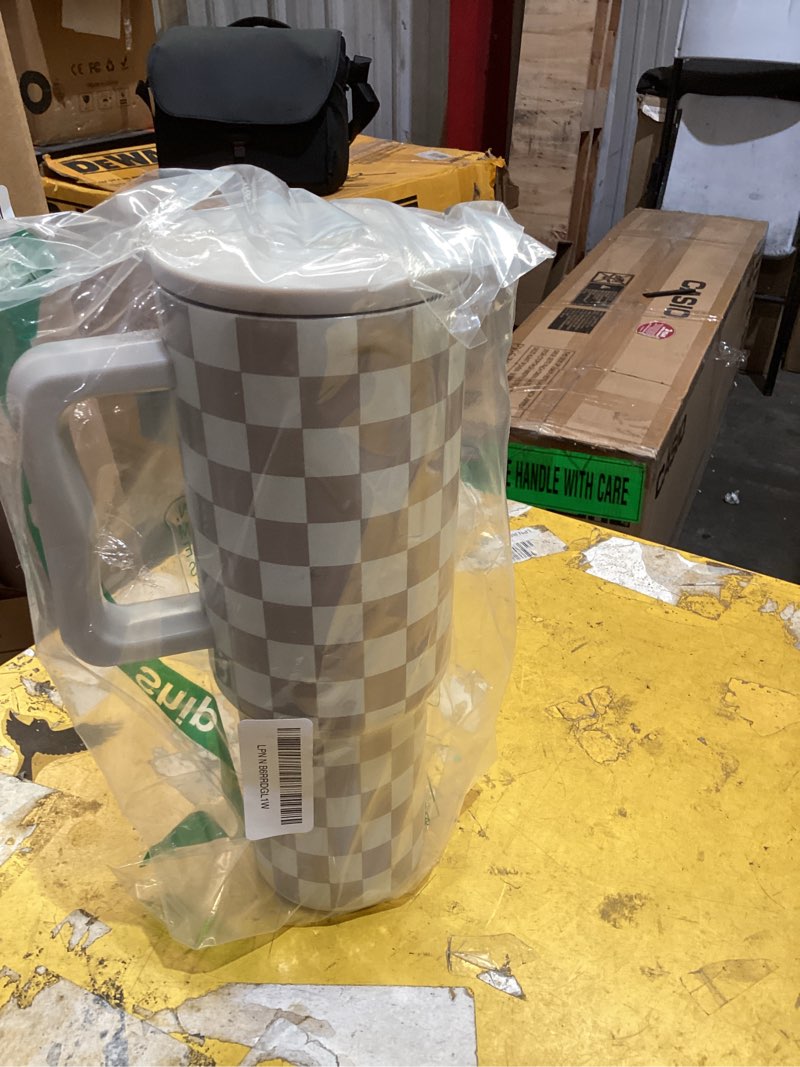 Condition photo showing As Is for simple modern tumbler with handle and straw | 40oz | checkered | trek tumbler, travel mug | insulated water bottle, cupholder friendly, stainless steel cup | checkmate