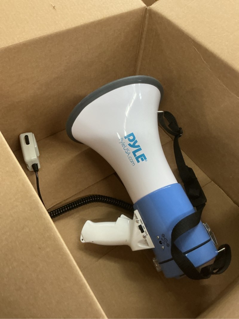 Condition photo showing As Is for pylepyle portable megaphone bullhorn speaker - 50w, 1200 yard range, built-in siren, adjustable volume control and microphone, perfect for outdoor sports, cheerleading, safety drills, and more 9.2 x 13.4 x 8.1 blue