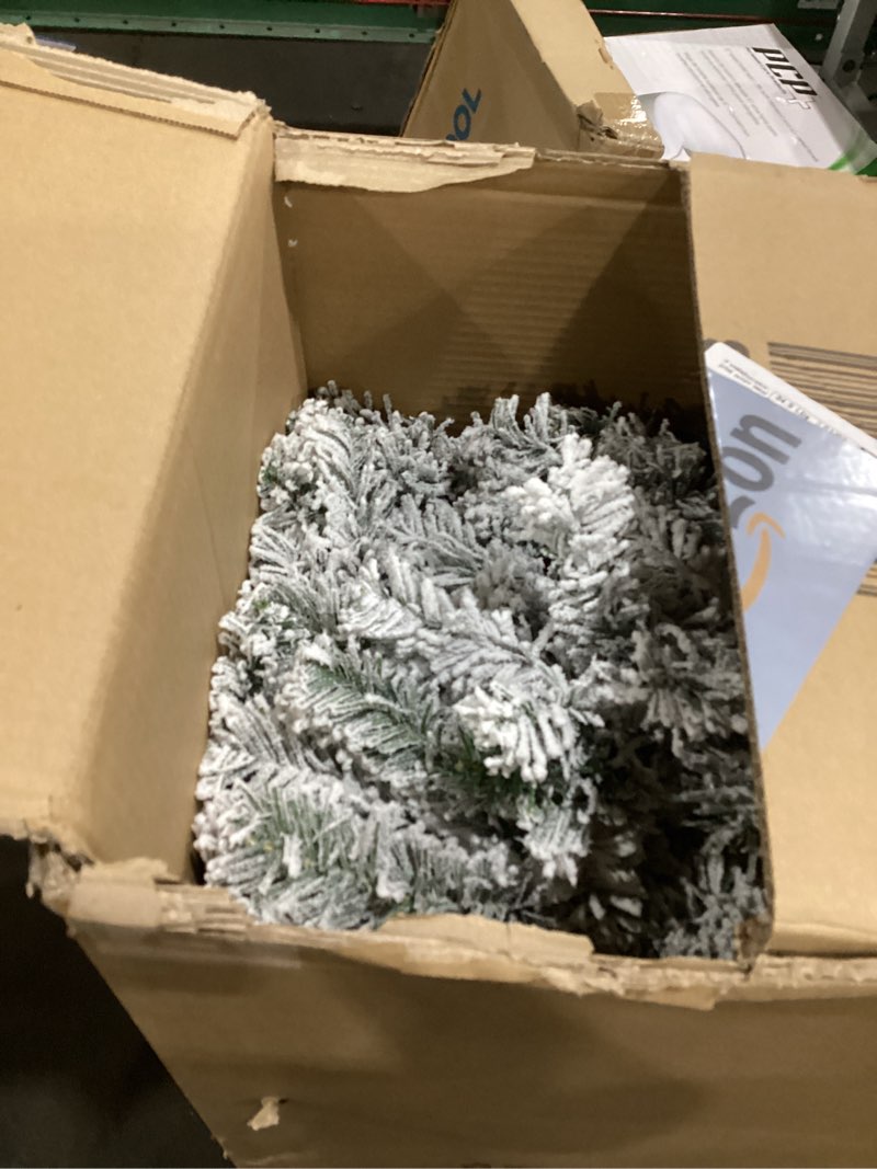 Condition photo showing As Is for homcom 6ft snow flocked artificial christmas tree hinged xmas tree green