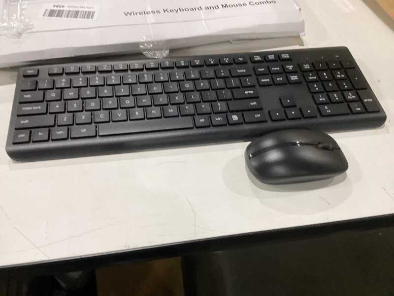 Condition photo showing As Is for wireless keyboard and mouse combo, full size silent ergonomic keyboard and mouse, long battery life, optical mouse, 2.4g lag-free cordless mice keyboard for computer, mac, laptop, pc, windows black