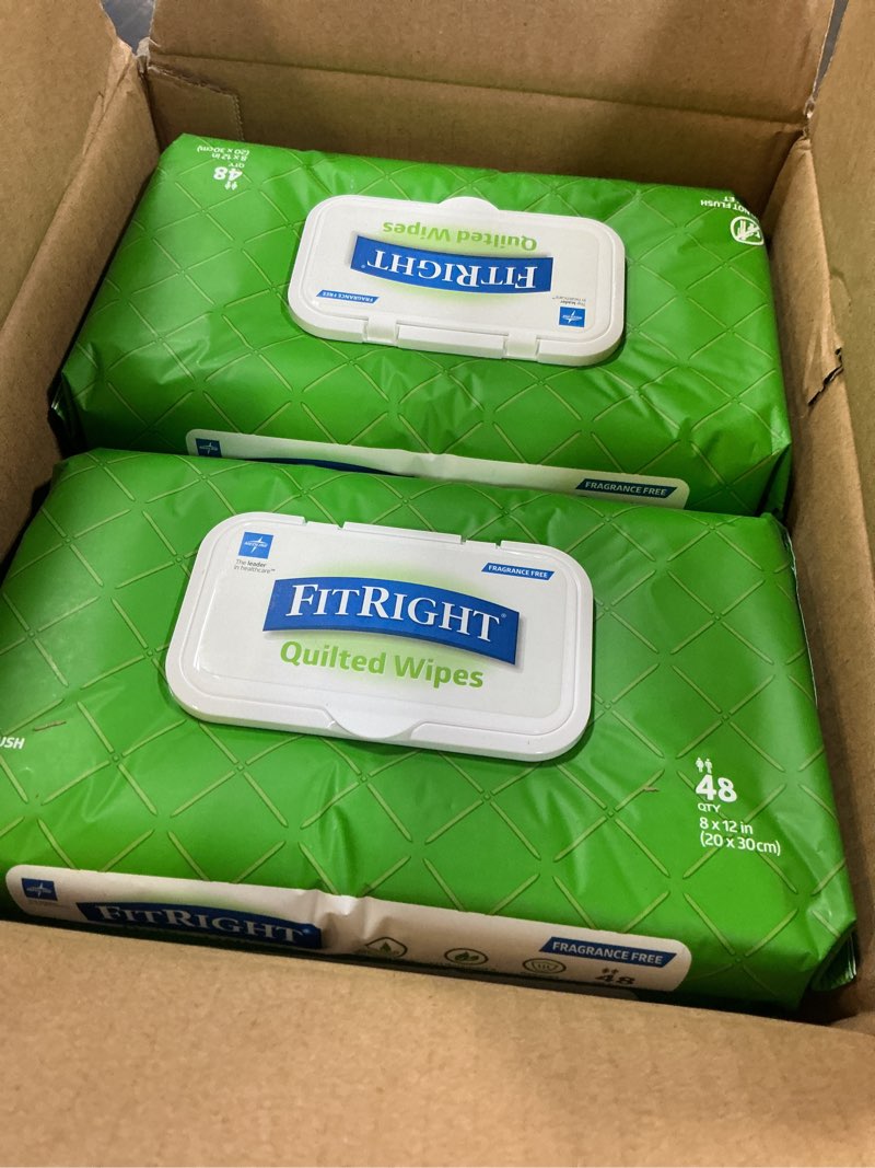 Condition photo showing New/Like New for fitright aloe quilted heavyweight personal cleansing cloth wipes, unscented, 576 count, 8 x 12 inch adult large incontinence wipes pack of 576