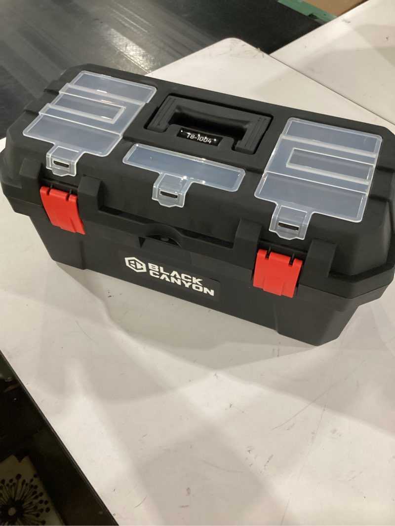 Condition photo showing Good Condition for black canyon 17 inch plastic tool box, support up to 44 lbs,dual-layer design, flexible for stacking, top-lid storage, ideal for diy, workshop 8.7 in × 17 in × 7.7 in