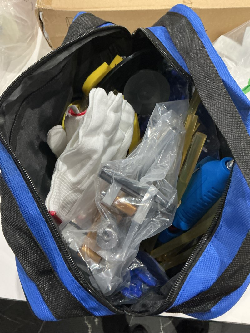 Condition photo showing As Is for 97pcs auto body dent repair tool kit, paint-friendly dent repair kit with golden lifter, slide hammer t-bar dent puller, bridge puller, suction cup and glue gun for car dent remove tools kit