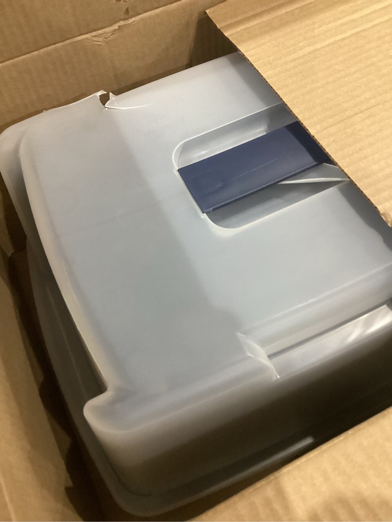 Condition photo showing As Is for IRIS USA Cat Litter Box, Litter Box Enclosure with Scoop, Split Hood and Front Door Flap, Covered Kitty Litter Box for Privacy, Portable, Easy to Clean, Navy Navy 2 Piece Set