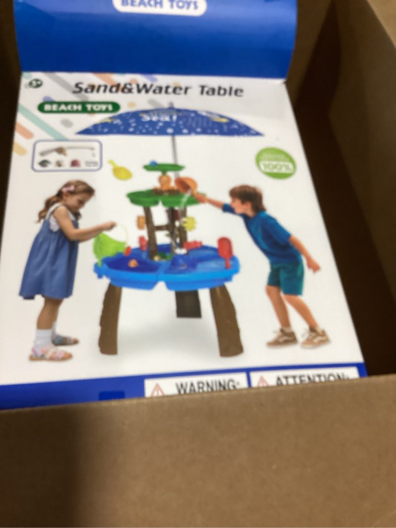 Condition photo showing Good Condition for water table toys for kids aged 3 4 5 6 7 8, kids water table with auto water-absorbing water pump & umbrella outdoor activity sensory play table with beach toys accessories birthday gifts for toddlers with umbrella