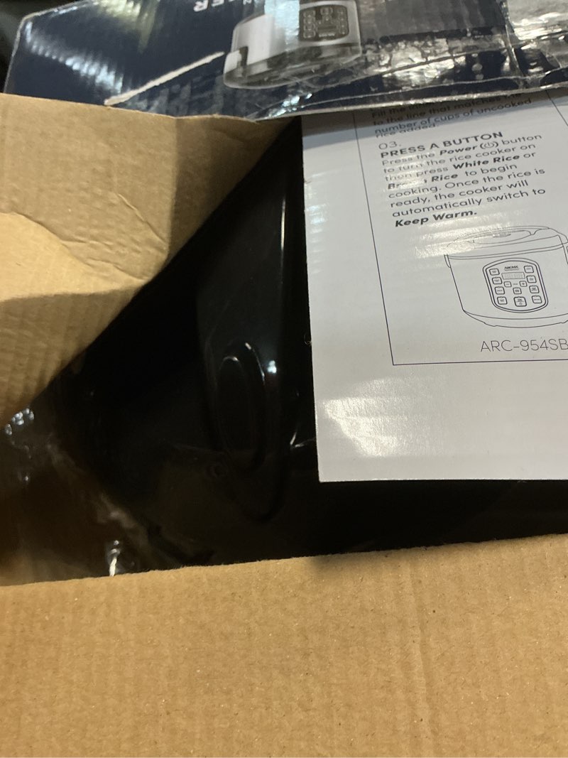 Condition photo showing As Is for aroma professional digital rice cooker, multicooker, 4-cup (uncooked) / 8-cup (cooked), steamer, slow cooker, oatmeal cooker, sts, auto keep warm, 2 qt, stainless steel exterior, arc-954sbd 4-cup uncooked rice