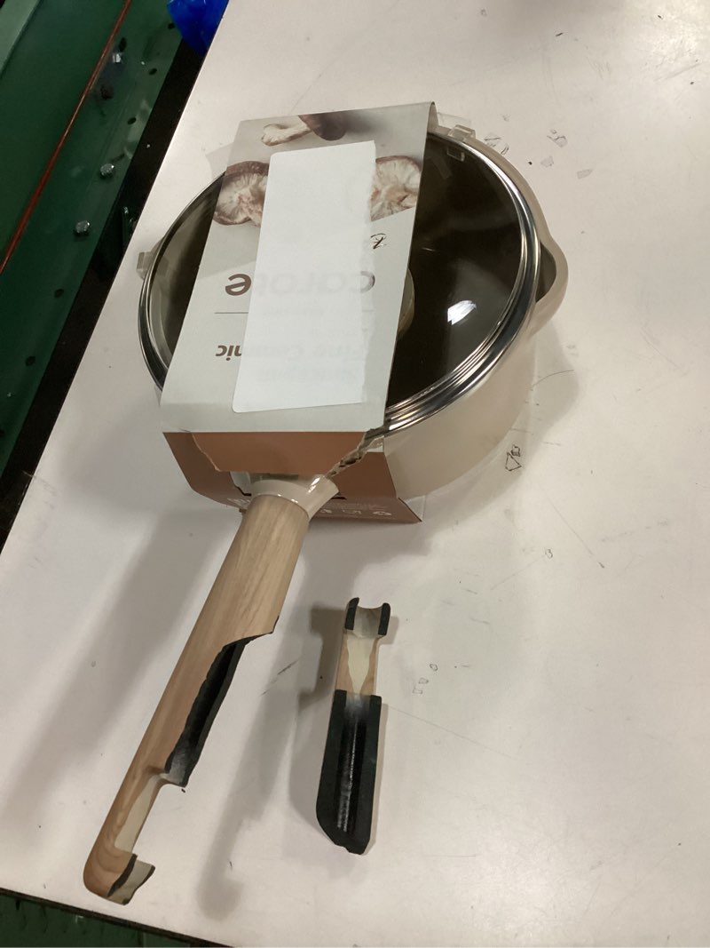 Condition photo showing As Is for eslite life nonstick sauce pan with lid, 1.5 qt small soup pot compatible with all stovetops (gas, electric & induction), pfoa free, white 1.5 quarts white