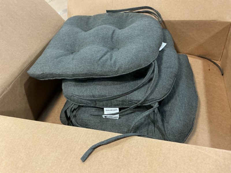Condition photo showing Good Condition for quilmfoam 16.5"x15.5" kitchen chair cushions set of 4 for dining chair, soft tufted non-slip memory foam seat cushion with ties for indoor kitchen dining furniture, dark grey dark grey 4 count (pack of 1)