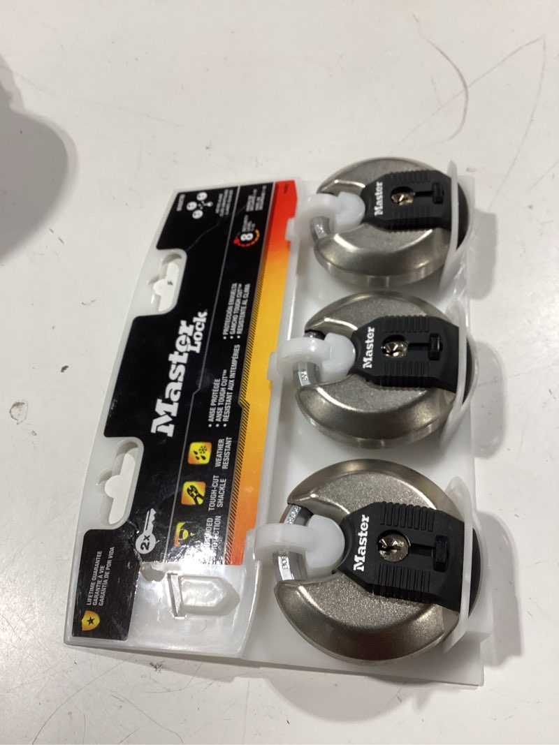 Condition photo showing As Is for heavy duty outdoor shrouded padlock with key, 2-3/4 in. wide, 3 pack