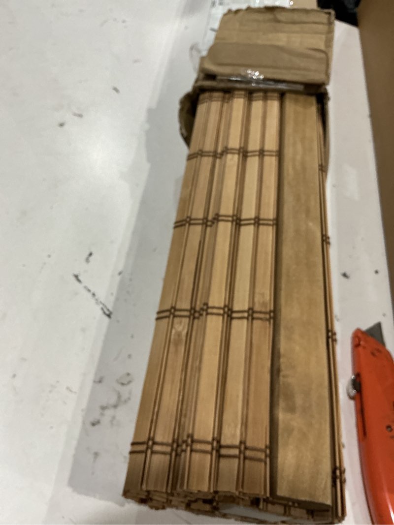 Condition photo showing As Is for unishades no drill cordless bamboo roman shades, light filtering woven natural bamboo window covering, easy install roman style shade, for window size 30" w × 72" h - alternate sand tan