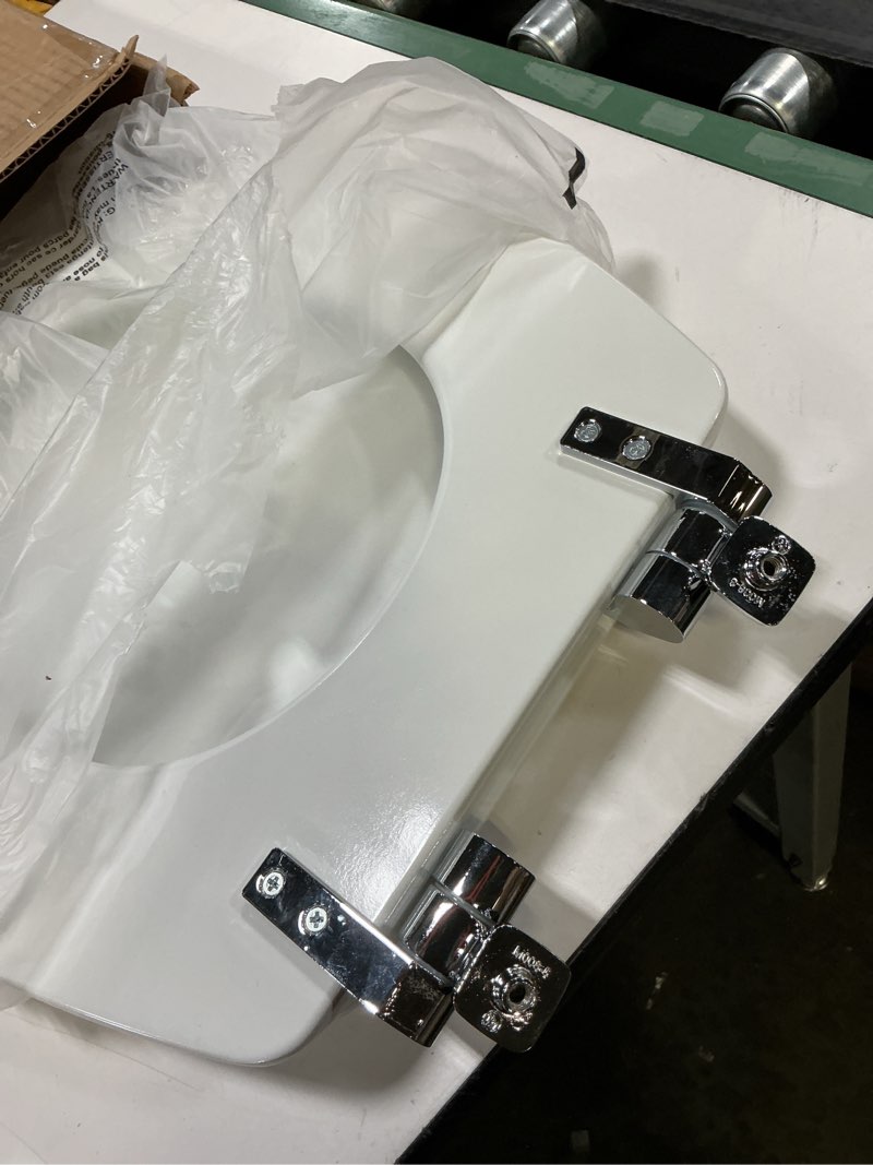 Condition photo showing Good Condition for mayfair bennett toilet seat with chrome hinges, slow close wood seat, secure metal hinges, easy install, made in usa, round, white round chrome