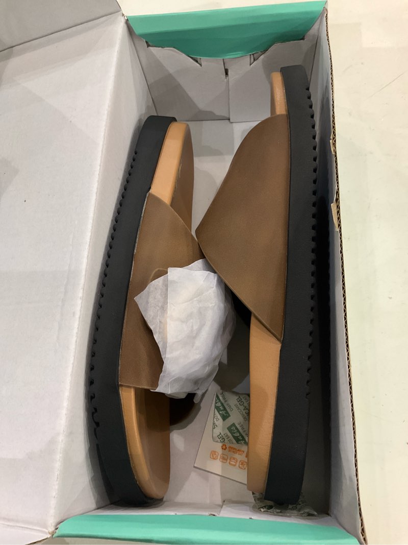 Condition photo showing New/Like New for Brown Black White Flat Sandals for Women 2025,Wide Width Leather Sandals for Women Comfortable Dressy,Womens Summer Beach Sandals with Adjustable Strap and Buckle 9.5 Brown