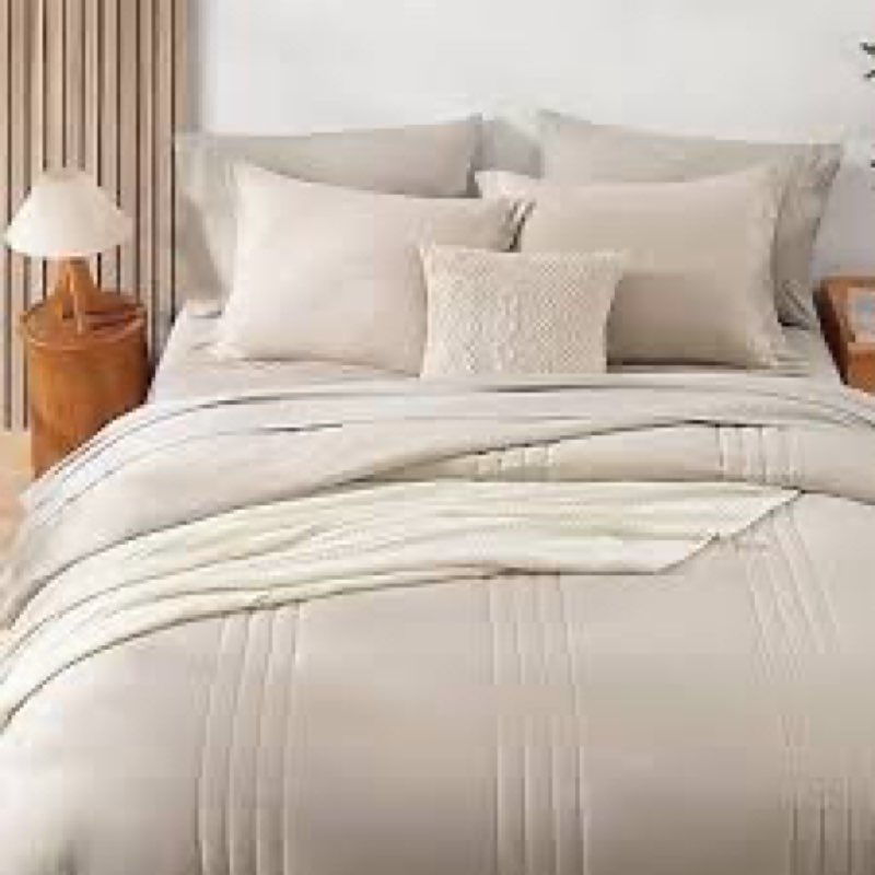Monbix Queen Comforter Set - 7 Pieces Beige Bed in a Bag Queen Bedding Sets with Comforters, All Sea