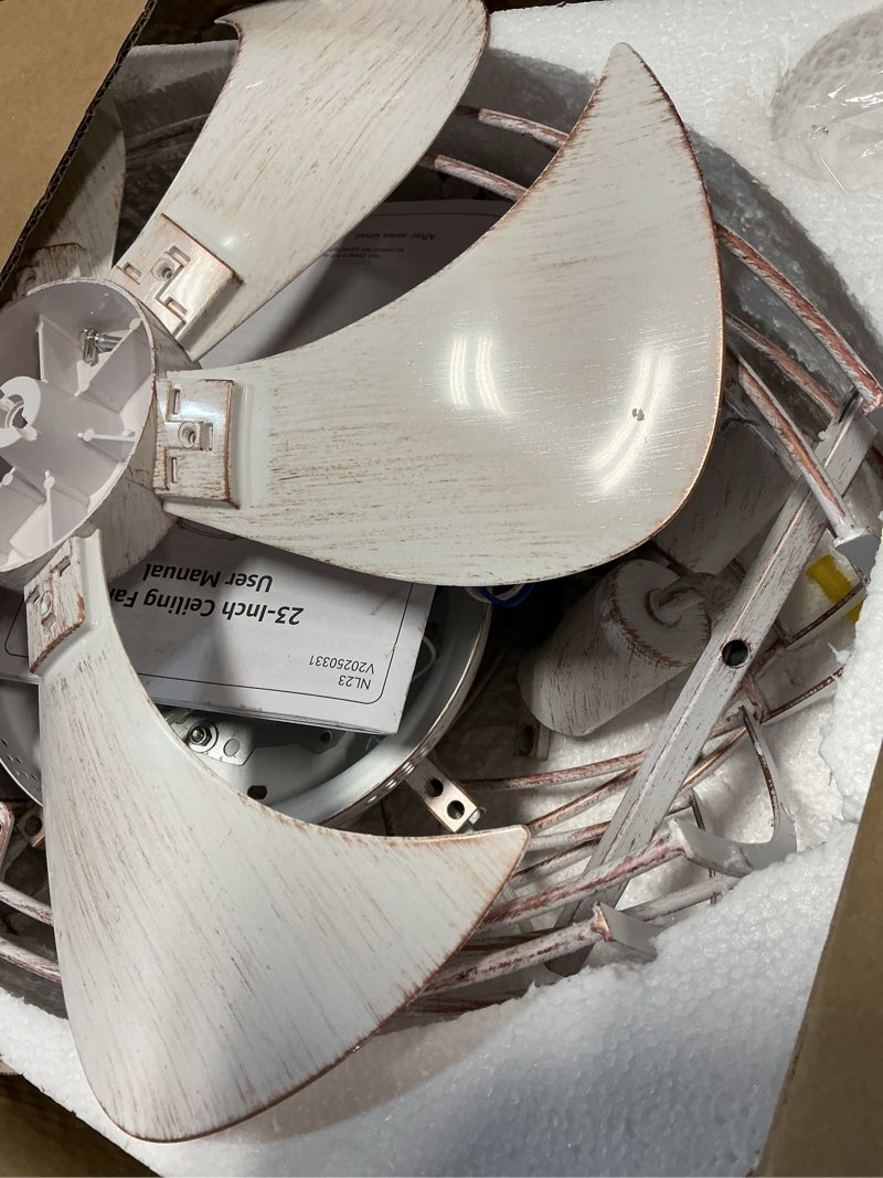 Condition photo showing As Is for lediary 23" large caged ceiling fans with lights, white flush mount low profile ceiling fan with remote, modern farmhouse industrial ceiling fan with light for bedroom, kitchen, dining room, indoor 23 inch white