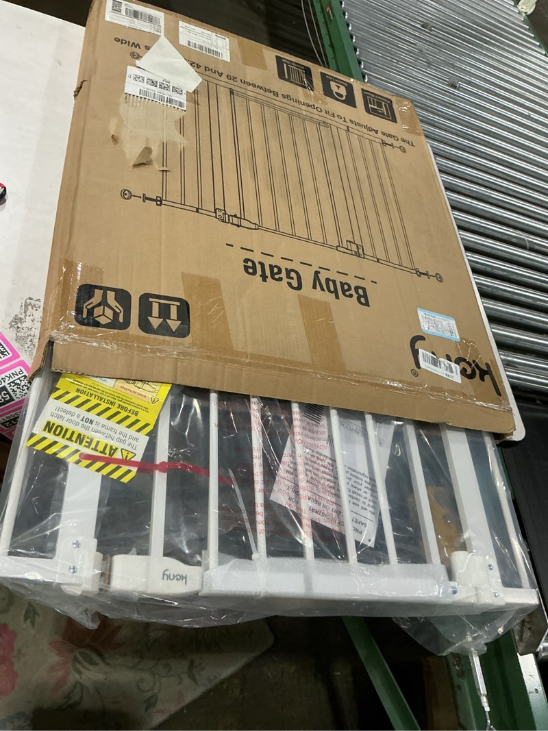 Condition photo showing New/Like New for keny 29"-42.5" baby gate for stairs, auto close safety dog gate, pressure mounted easy walk through pet gate for doorways, durable stair gate, 30" tall, white