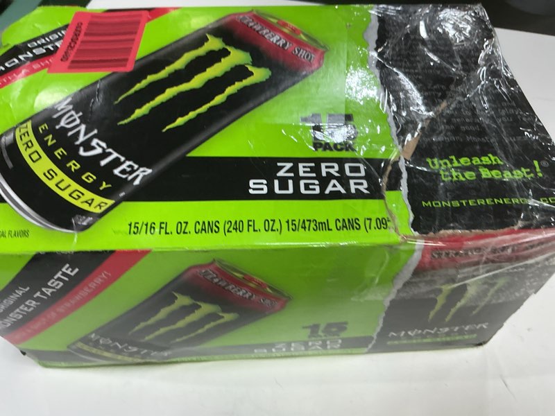 Condition photo showing New/Like New for (bbd uknown expiration)  monster energy zero sugar strawberry shot, green, original, free energy drink, 16 ounce can (pack of 15)