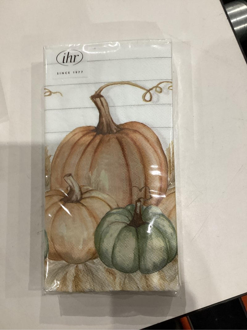 Condition photo showing New/Like New for IHR Ideal Home Range Dinner Napkins Disposable 3-Ply Paper Hand Towels, 8.5" x 4.5", Pumpkin Trio, 16-Count