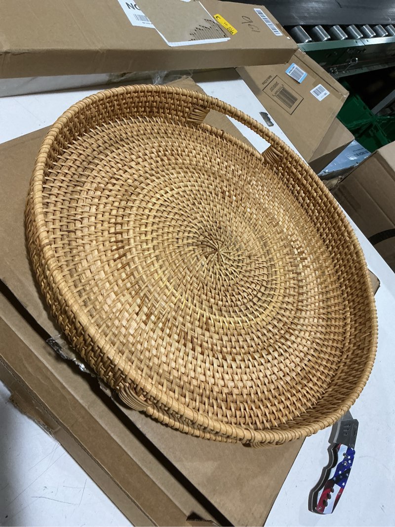 Condition photo showing Good Condition for rattan large serving tray, wicker round fruit/bread serving basket, extra large decorative ottoman tray for living room, coffee table, breakfast, 16.9 inch 16.9" natural 1