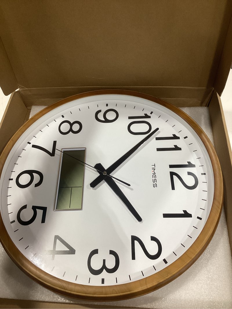 Condition photo showing New/Like New for Wall Clock, Classic Wood Style Finish, 16 Inch Non-Ticking Silent Battery Operated Quartz Analog with Perpetual Calendar and F° Temperature Display, Home, Office Décor (Wood Yellow) Calendar Chestnut Yellow 16 Inch