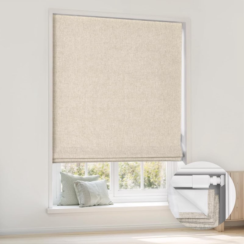 LazBlinds No Tools No Drill Cordless Roman Shades for Windows, Blackout Thermal Insulated UV Blocking Window Blinds, Room Darkening Fabric Blinds for Indoor Windows, 48'' W x 64'' H, Beige