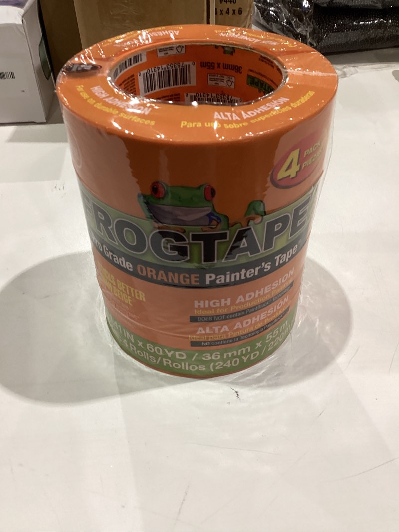 Condition photo showing New/Like New for FrogTape ProGrade Orange Painters Tape, 1.5 Inch Wide (1.41 In. x 60 Yds), High Adhesion, Paint Tape for Indoor & Outdoor Applications, Orange, 4 Rolls (242808)