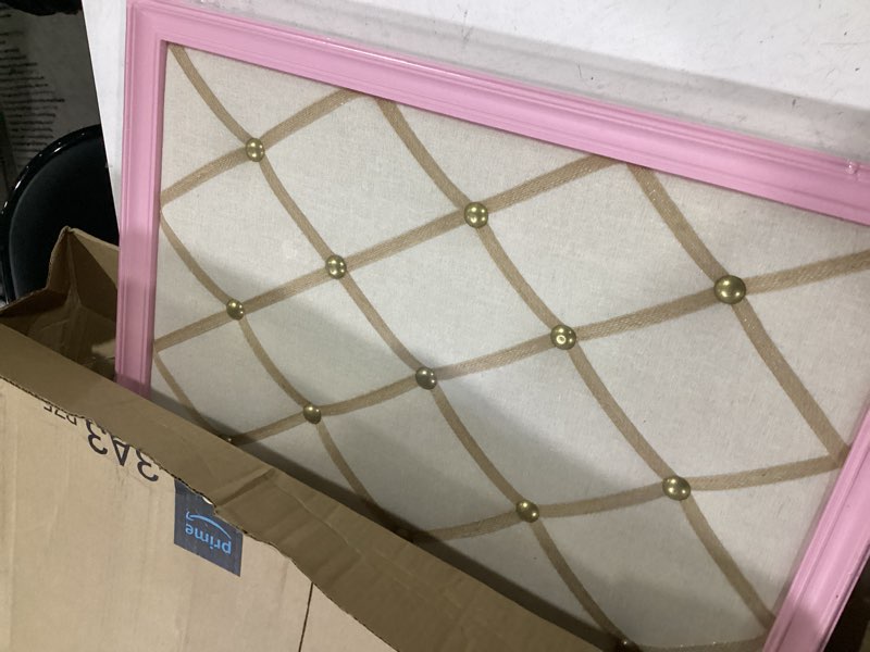 Condition photo showing Good Condition for linen bulletin board, pin board with linen criss-cross ribbons | 23.6"×17.7" pin board for wall, vision board message board with pink wooden frame for home office school wall decor
