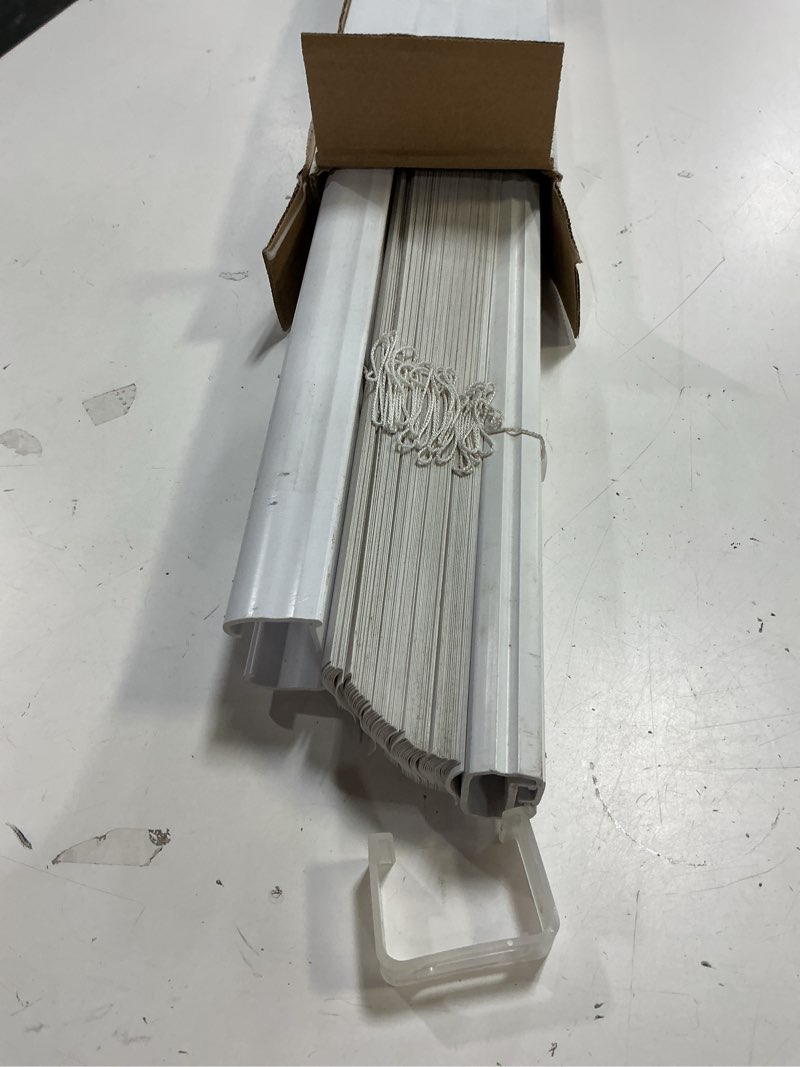 Condition photo showing As Is for project source room darkening 1-in slat width 31-in x 64-in cordless white vinyl room darkening mini-blinds