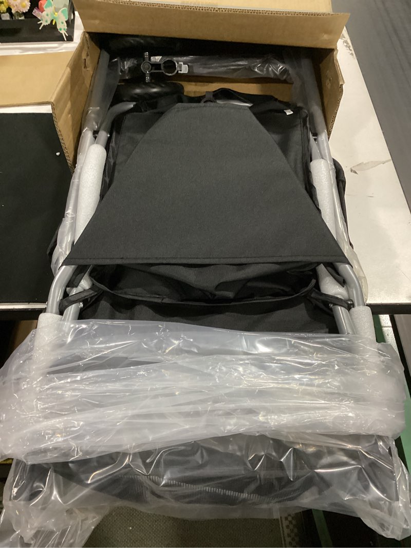 Condition photo showing New/Like New for 3 wheel pet stroller for dogs and cats, foldable, lightweight and durable, ideal for small to medium pets, includes storage basket and cup holders matte black