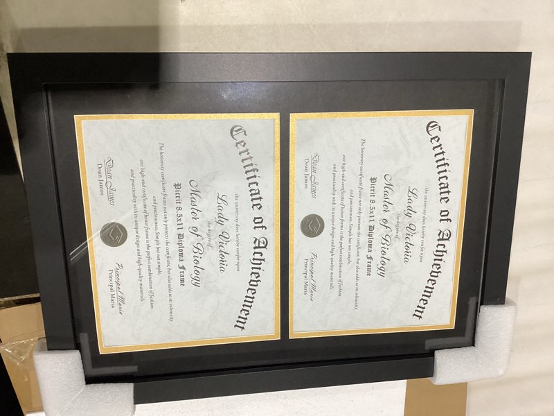 Condition photo showing Good Condition for picrit double 8.5x11 black wood diploma/document frame with tempered glass & black over gold mat, and display 14x20 degree certificate frame without mat for wall, 1 pack black double 8.5x11?14x20 diploma without mat?
