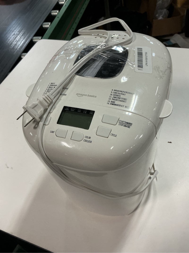 Condition photo showing As Is for Amazon Basics Programmable Bread Maker, 2 Pound Non-Stick Automatic Bread Making Machine, 14 Settings for Breads, Doughs, Gluten-Free Options and More, LCD Display, White