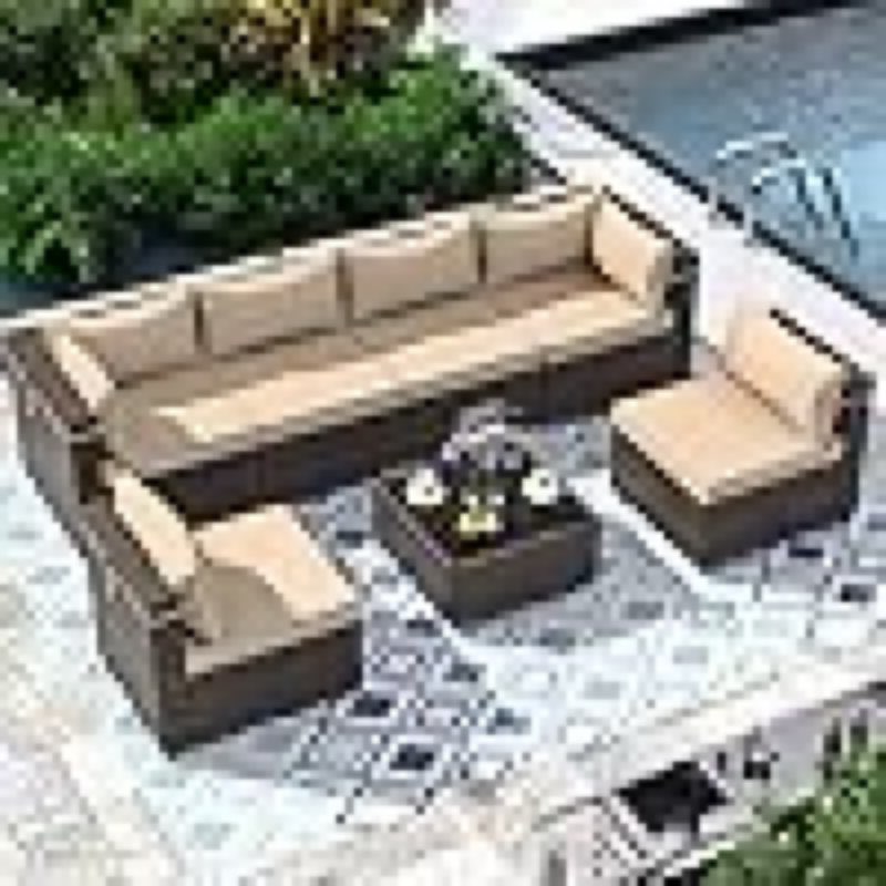 Outdoor Patio Furniture Set 7 Pieces Sectional Rattan Sofa Set, PE Rattan Wicker Patio Conversation Set with 6 Seat Cushions and 1 Tempered Glass Table and Furniture Cover, Brown