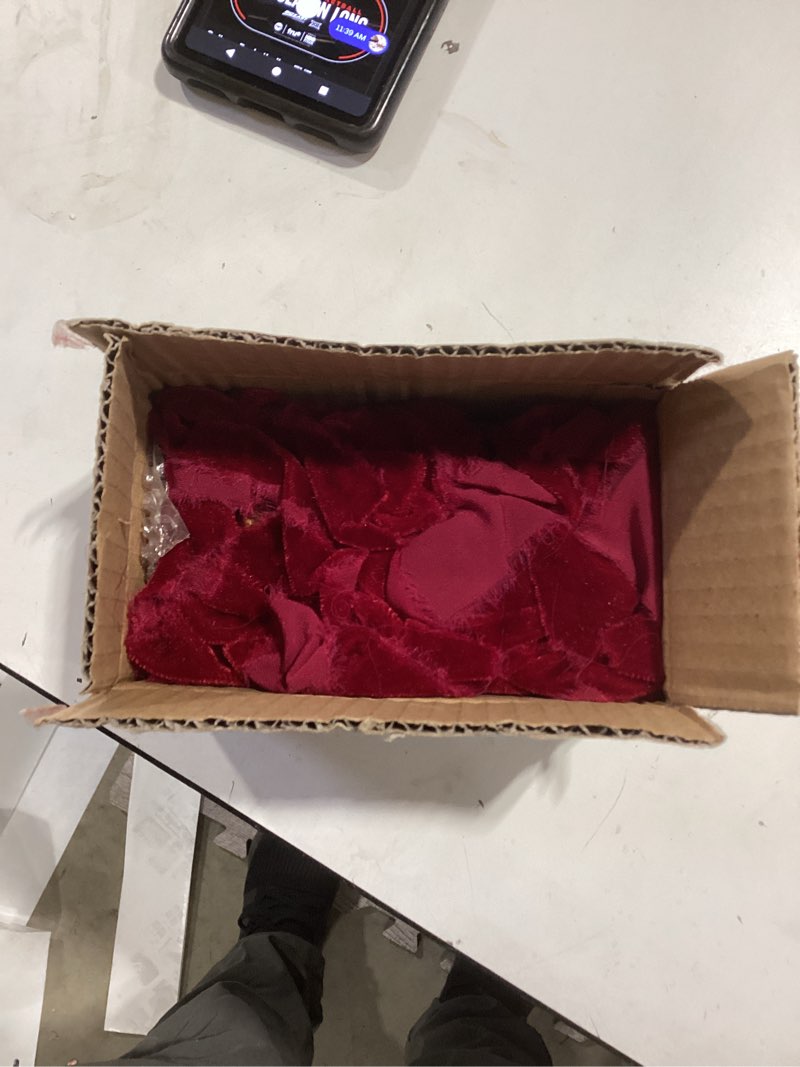 Condition photo showing As Is for Mimorou 6ft Christmas Velvet Ribbon with Gold Teardrop Ornaments, Vintage Frayed Edge Garland Decoration for Fireplace Mantel, Christmas Tree, Doorway & Window(Wine Red Ribbon with Gold Drop) INCOMPLETE 