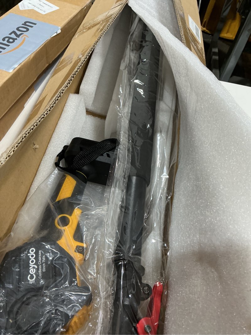 Condition photo showing As Is for 2-in-1 cordless chain saw with extension pole, 6'' mini chainsaw for tree branches, electric handheld chain saw, pole saws for tree trimming