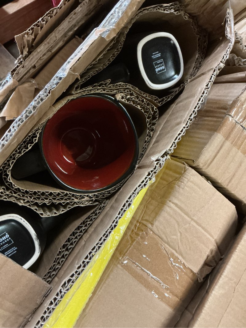 Condition photo showing Good Condition for Gibson Elite Soho Lounge Square Reactive Glaze Stoneware Dinnerware Set, Service for 8 (40pc), Red/Black